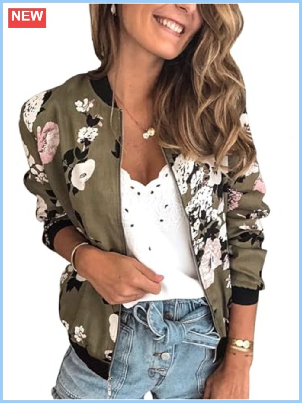 Women's Floral Lightweight Quilted Zip Up Bomber Jacket with Pockets